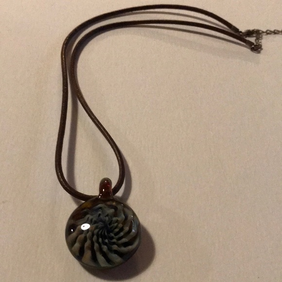 Blue and White Glass necklace on Brown Cord - Picture 3 of 10